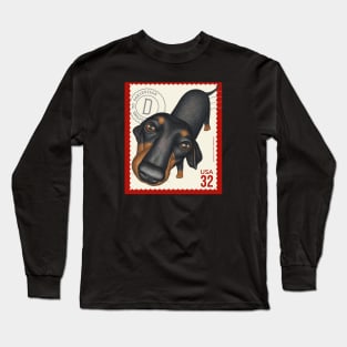 Funny dachshund looking  innocently on red trim stamp Long Sleeve T-Shirt